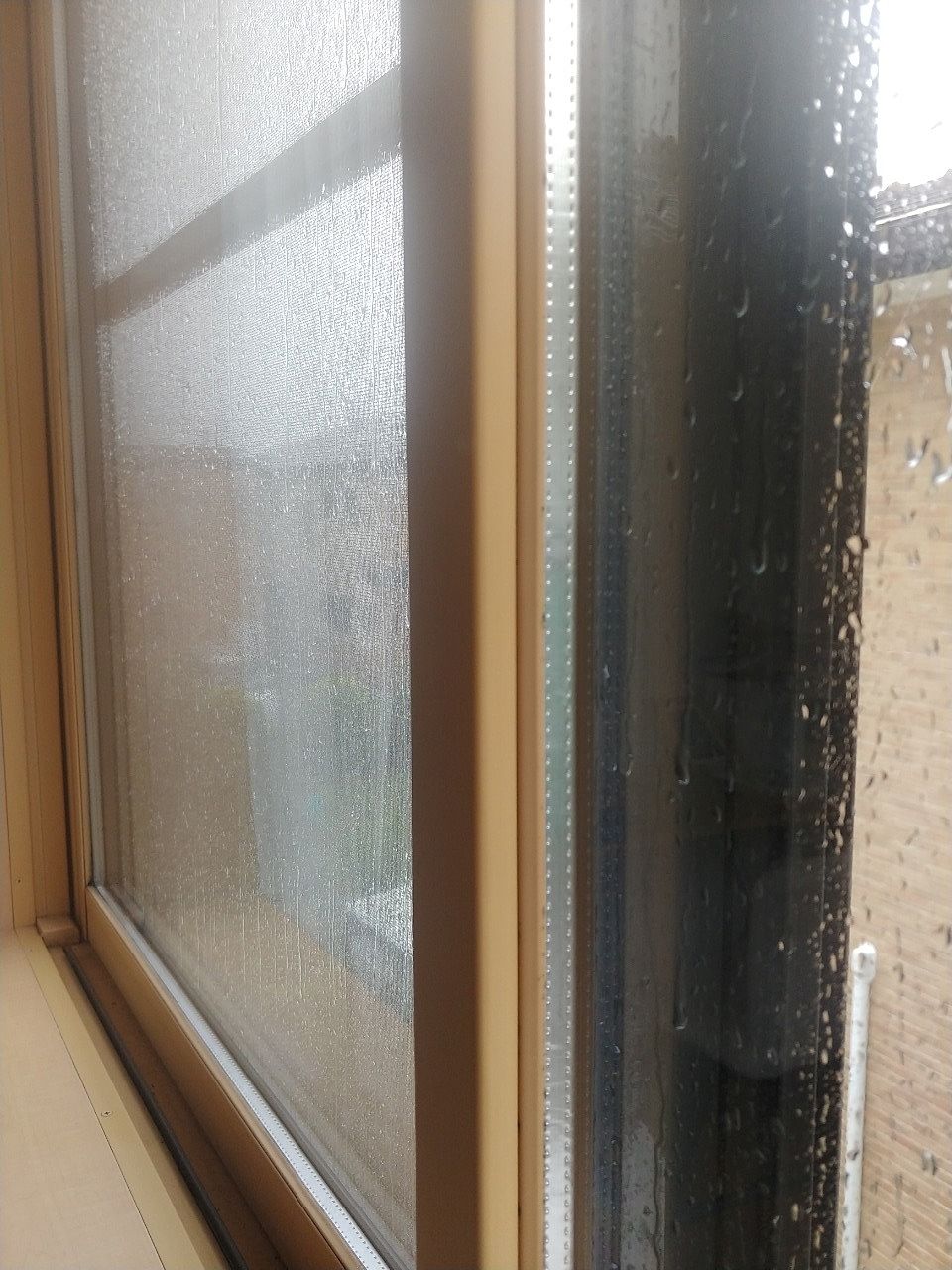 雨がうちつけてびしょ濡れの窓